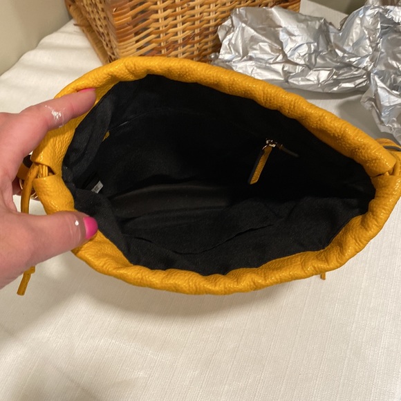 Vince Camuto Pebbled Leather Mandi Drawstring Bucket Shoulder Bag in Mustard - Picture 6 of 11